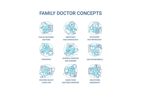 Family Doctor Blue Concept Icons Set Graphics Review
